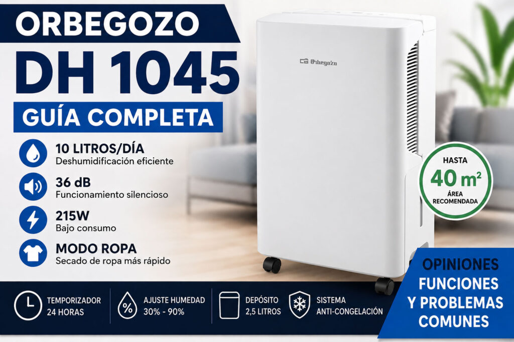 Deshumidificador Orbegozo DH 1045 con guía completa sobre funcionamiento, consumo, ruido, secado de ropa y problemas comunes